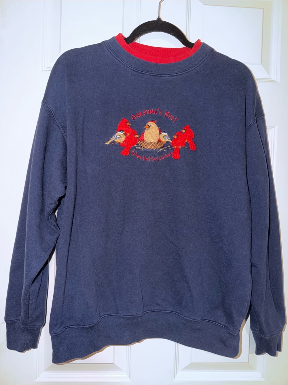 Grandma's Nest Vintage Navy Crewneck Sweatshirt with Red Embroidered Cardinals